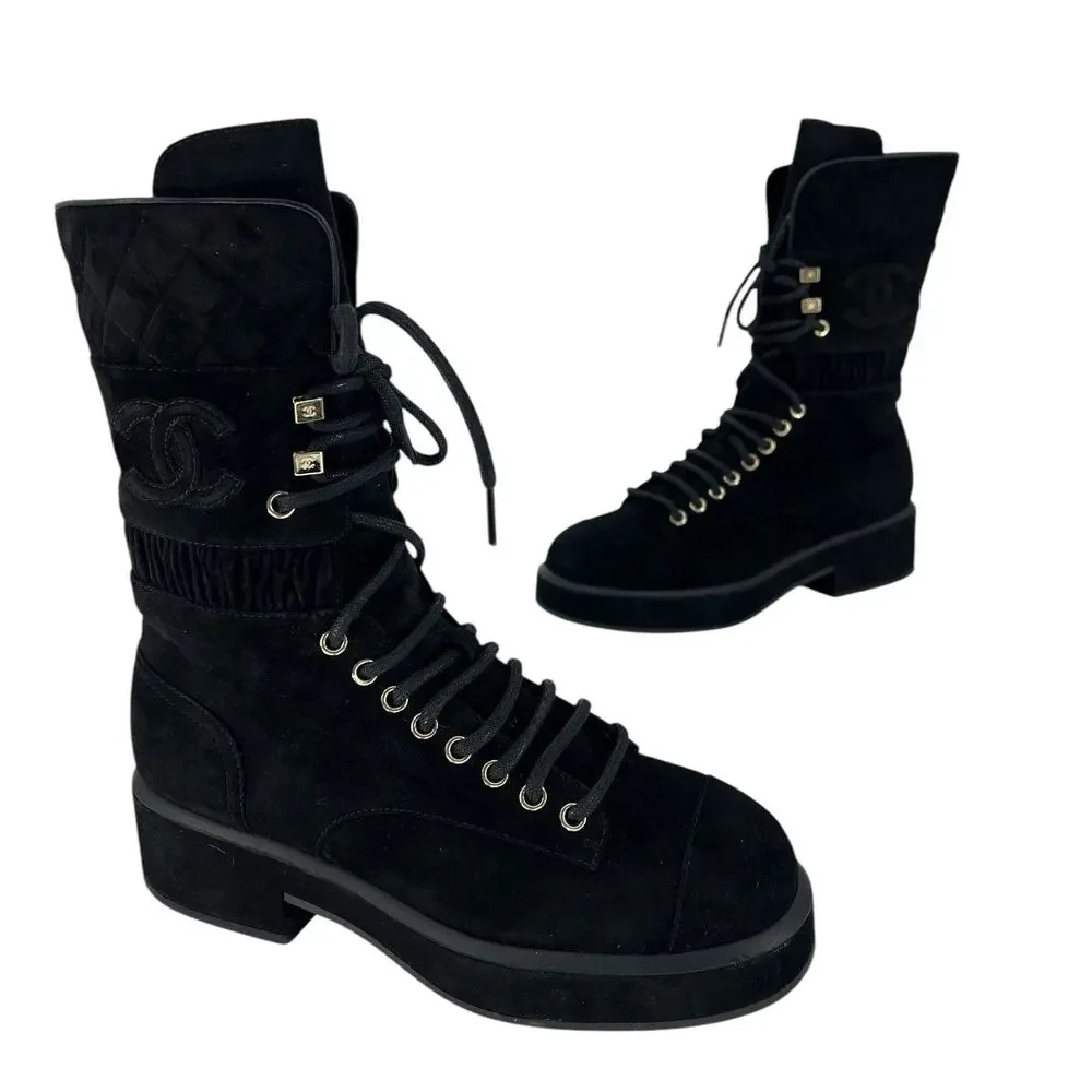 Chanel CC Suede Quilted Lace Up Combat Cap Toe Boots in Black